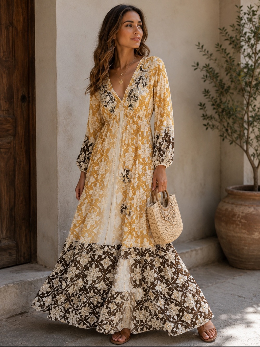 ShopEvelynne Mustard and Brown Floral V-Neck Maxi Dress